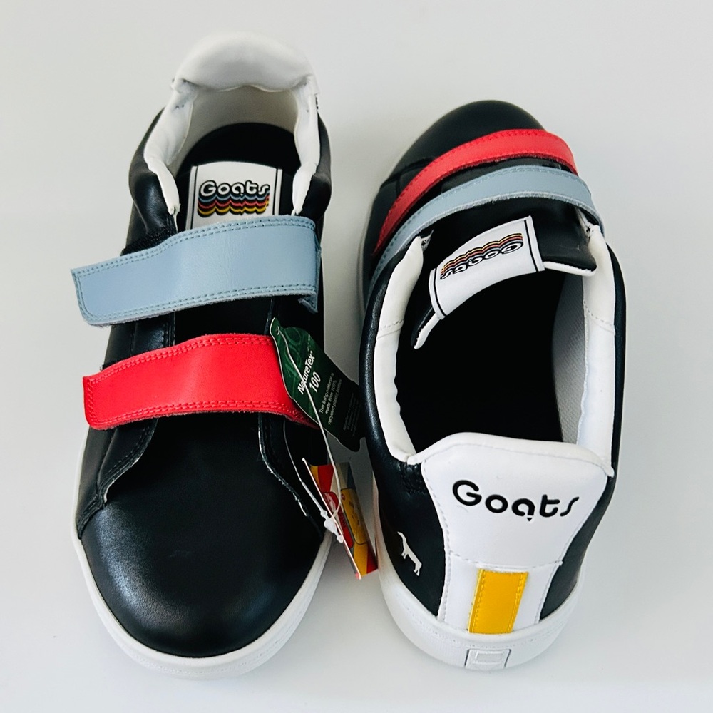 Brand NEW Goat black leather sneakers with Velcro red & blue traps